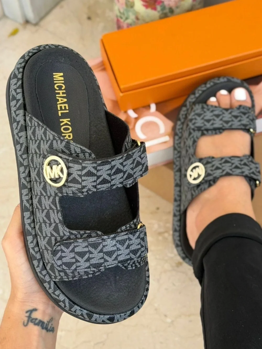 Michael Kors Kids Black MK Monogram Double-Strap Slide Sandals